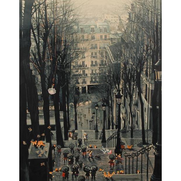 ヒロ・ヤマガタ モンマルトルの雨傘 パリ 絵画 風景画 モンマルトルの