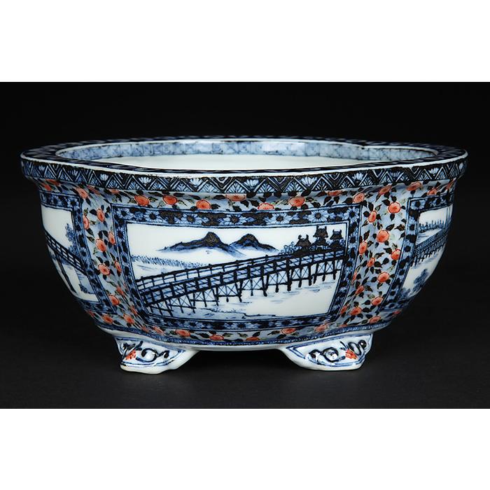 九谷理節染付赤絵窓抜草花山水図木瓜式鉢 盆栽鉢 鉢 植木鉢 盆器 藍