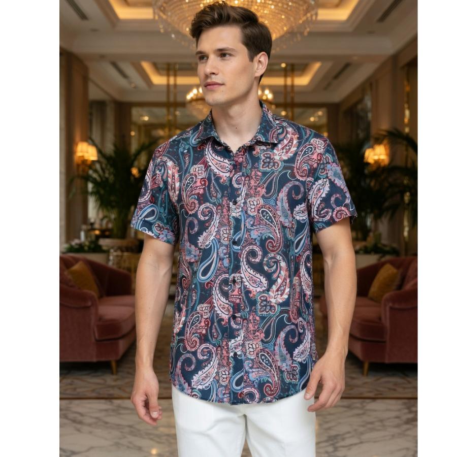 半袖 柄シャツ ペイズリー柄 派手 多色 メンズ シャツ マルチカラー 赤
