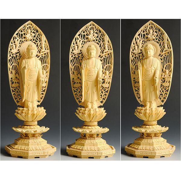 仏像 浄土宗舟形阿弥陀如来 総柘植 高級彫り八角飛天光背4.0寸 : 仏壇