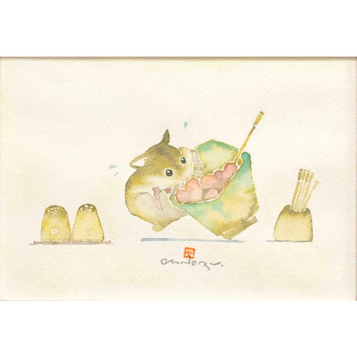 北田 稔 「 つまみぐい 」 肉筆 水彩画 絵画 真筆 手描き ハムスター
