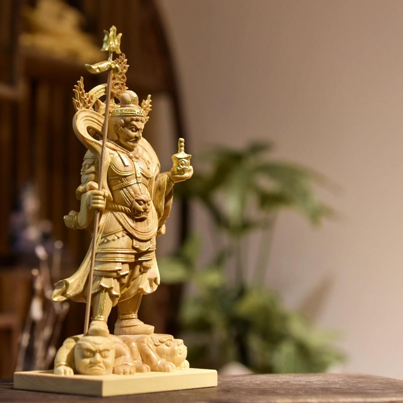 木彫り仏像-小仏 【毘沙門天像】 柘植金泥書 総高13cm ※桐箱付き : 海