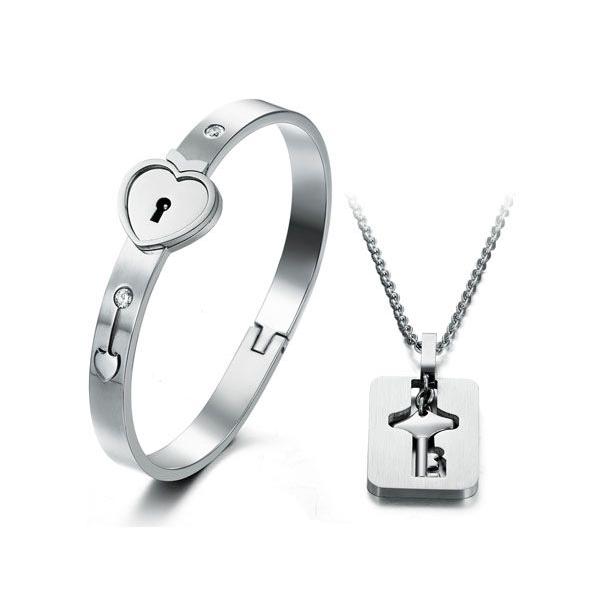 ブレスレット ネックレス LOVE ハート 鍵 かぎ シルバー ピンク