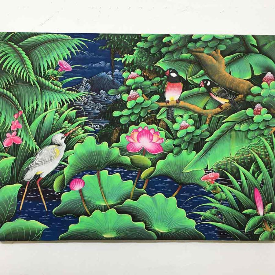 バリ絵画 鳥の絵 W80×H60cm 花鳥風月 絵画 アートパネル 緑 バリ雑貨