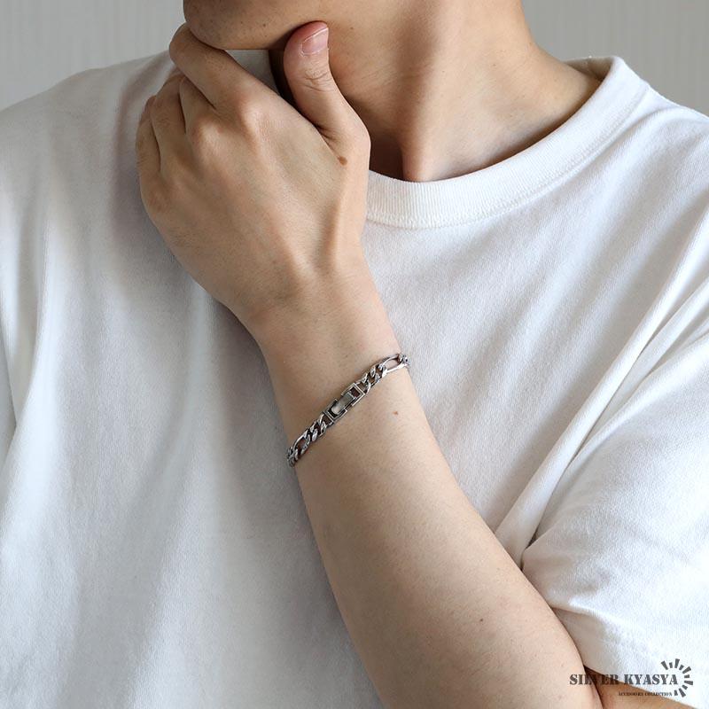 シルバー925 チェーンブレスレット 中折れ フィガロチェーン