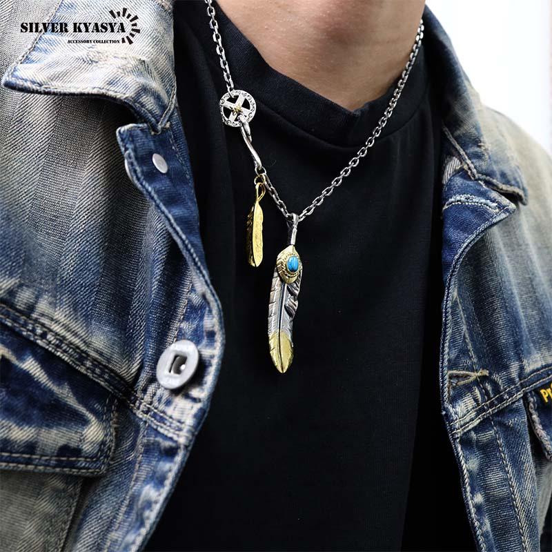 シルバー925 フェザーネックレス 羽根 先金 特大 ターコイズ 太陽