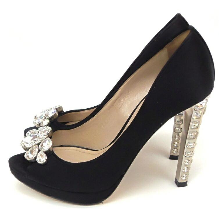 miu miu（ミュウミュウ） ヒールパンプス オープントゥ ビジュー 黒 36