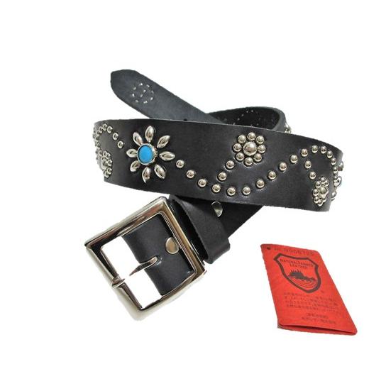 栃木レザー フラワー型スタッズベルト 黒 ターコイズスポッツ 一枚革