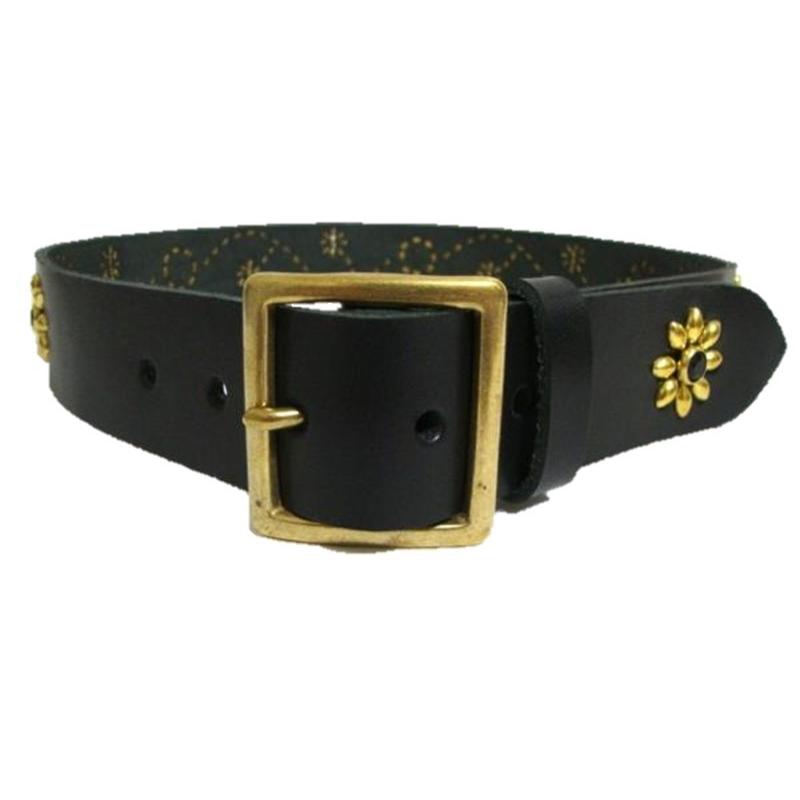 真鍮製バックル 栃木レザー フラワー型スタッズベルト 黒 ブラック