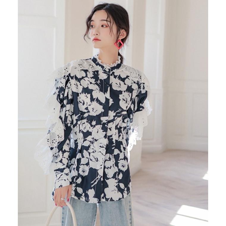 ブラウス レディース 長袖 花柄 シャツブラウス 袖レース トップス 春