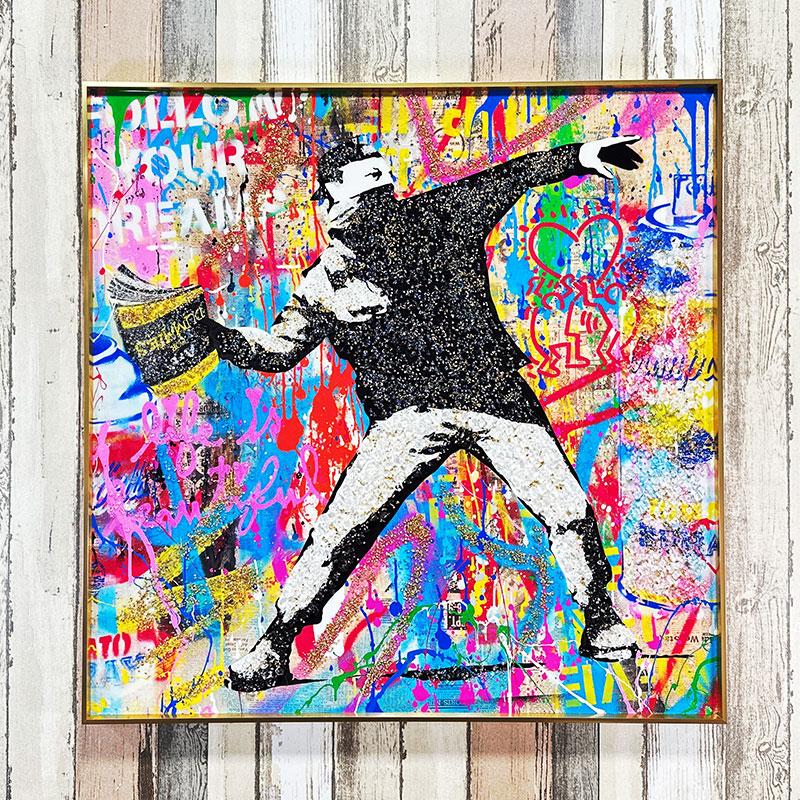 水晶パネル アートパネル 80×80cm ポップアート バンクシー 金フレーム