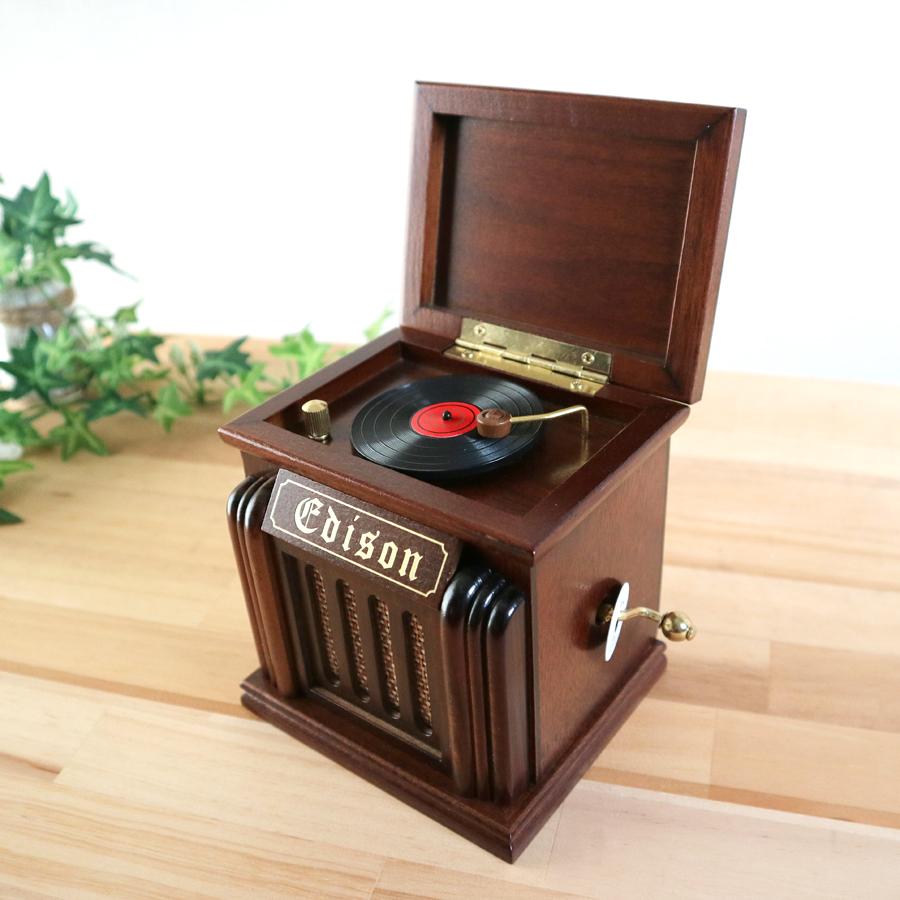 オルゴール 木製 ミニアンティーク レコードプレーヤー 18弁 固定曲