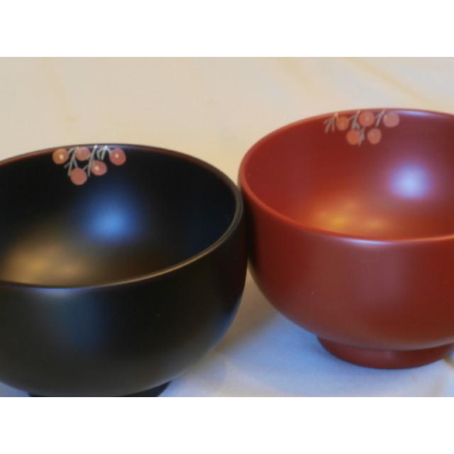ペア椀 和食器 夫婦椀 木製 会津漆器 3.8 南天 布袋型 黒 朱 漆塗り