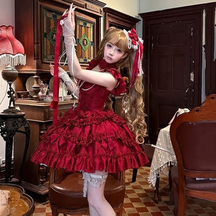 ロリータ ワンピース 地雷系 ゴスロリ 量産型 赤 ミニ丈ドレス