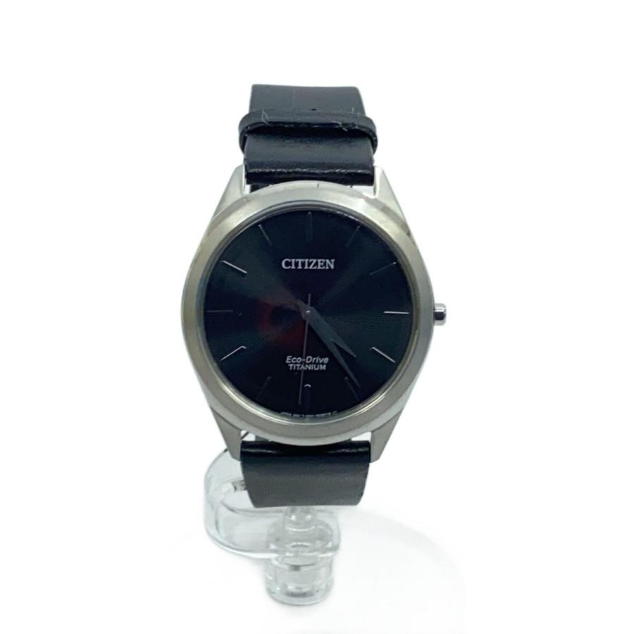 CITIZEN◇Eco-Drive Titanium/ソーラー腕時計/アナログ/レザー/BLK