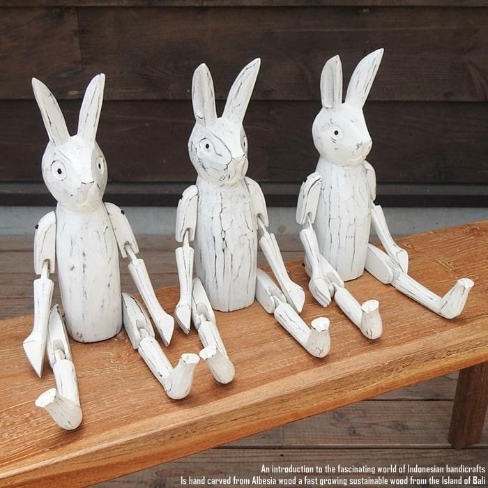 お座り うさぎさん 白 Lサイズ ウェルカム人形 兎 ウサギ 木製 木彫り