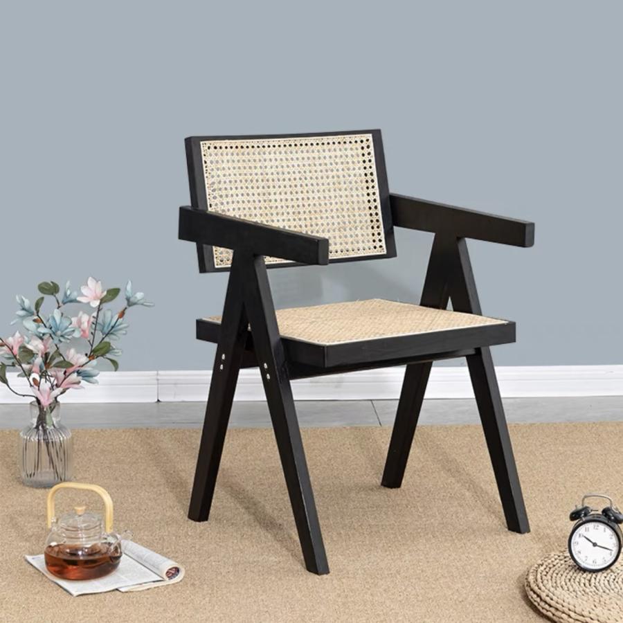 ダイニングチェア 藤編み 天然木 肘付き リビングチェア 座椅子