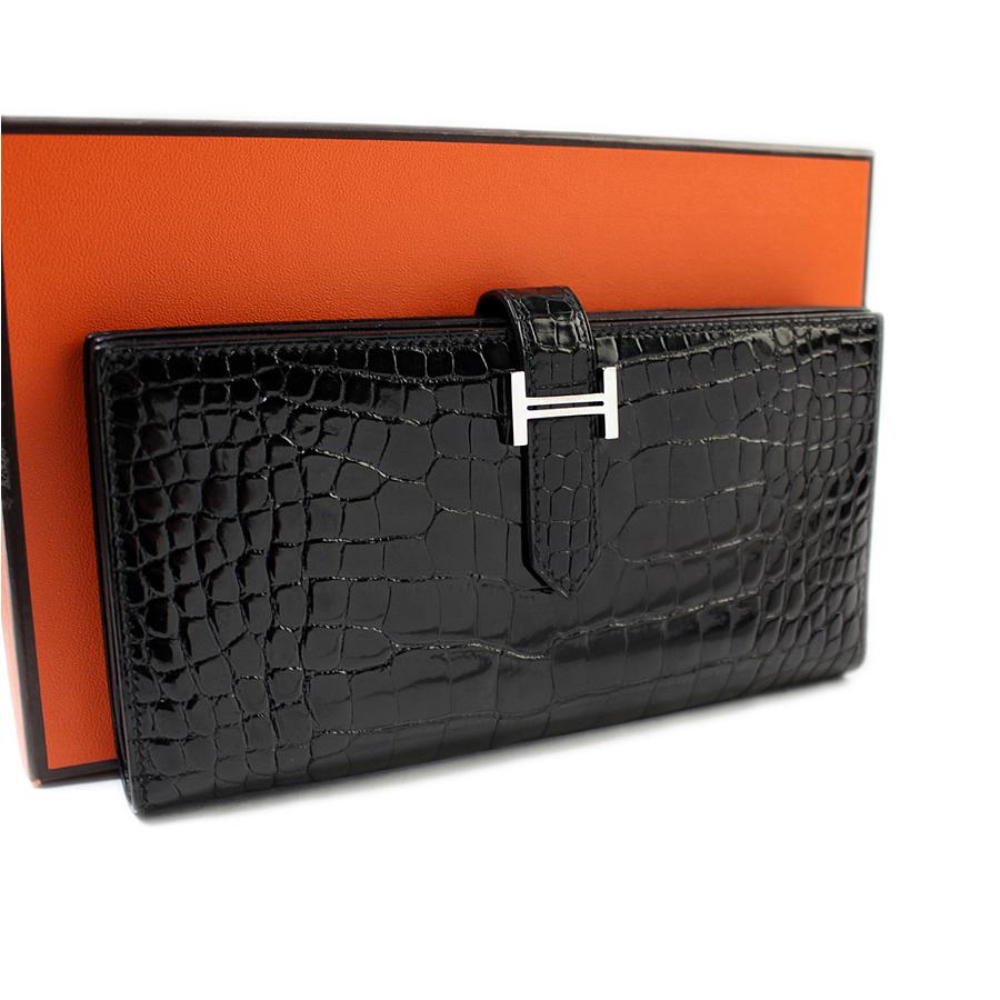 美品 HERMES エルメス ベアンスフレ 長財布 クロコ アリゲーター 黒