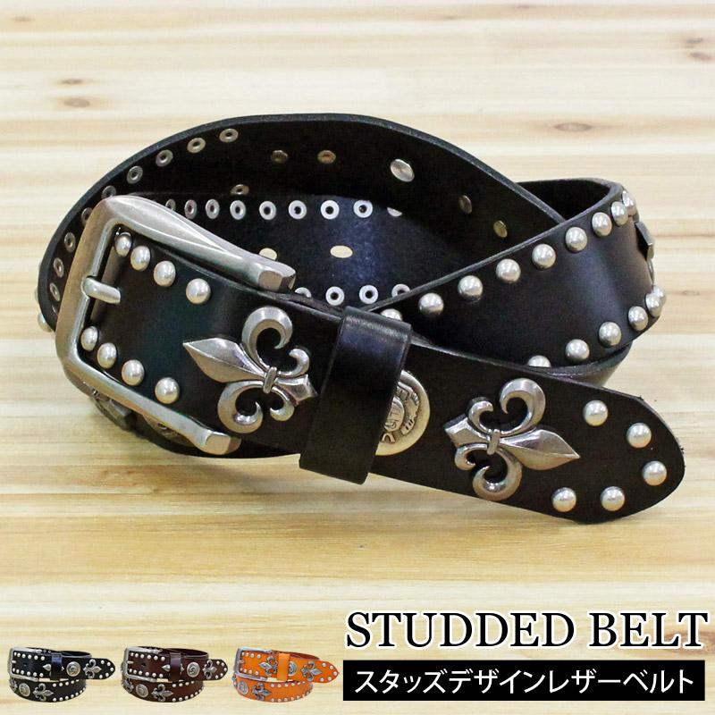 ベルト メンズ 本革 レザー ウエスタン スタッズベルト スカル
