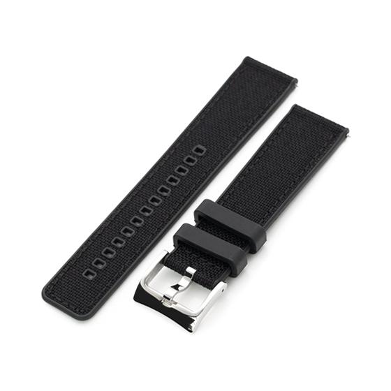 20mm MiLTAT 時計ベルト セイルクロス FKMラバー ブラック ストレート