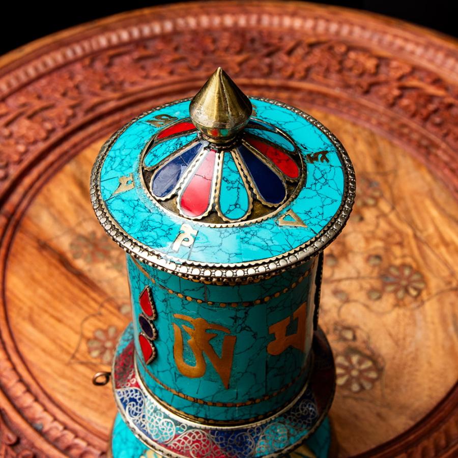 送料無料 マニ車 チベット 宗教用品 (高精細)ターコイズ装飾マニ車 高