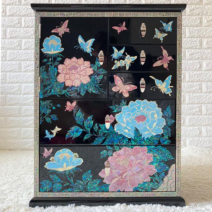 韓国高級螺鈿飾りチェスト 引き出し家具 小物入れ(黒)高さ60cm