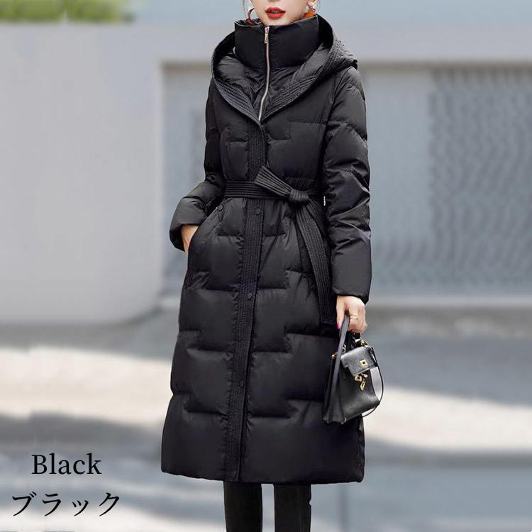 全3色 フード付き ダウンコート ベルト有り ロング丈 レディース 冬 白