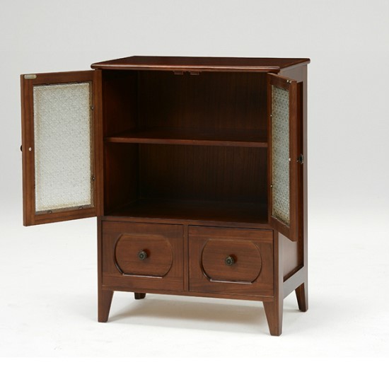 花柄飾りガラス レトロ 木製キャビネット 幅60cm 完成品 無垢 TV台