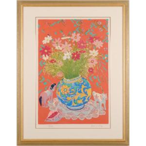 花 絵画 リトグラフ 版画 吉岡耕二 「黄色い背景のブーケ」 額付き