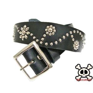 栃木レザー フラワー型 スタッズベルト 黒 ブラックスポッツ 日本製