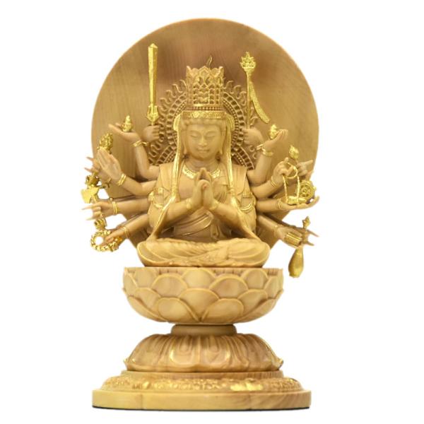 木彫り仏像-小仏 【准胝観音菩薩】 柘植（ツゲ） 金泥仕様 安産・延命