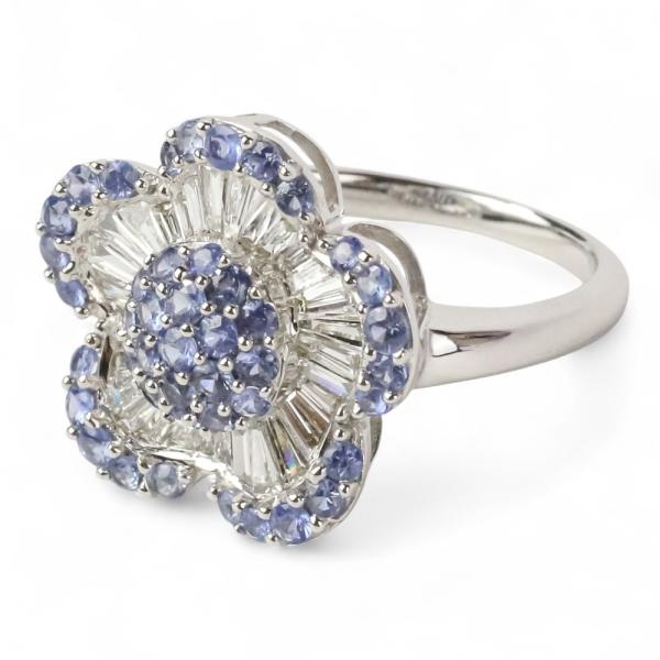 美品 K18WG ブルーサファイア ダイヤモンド フラワーモチーフ リング