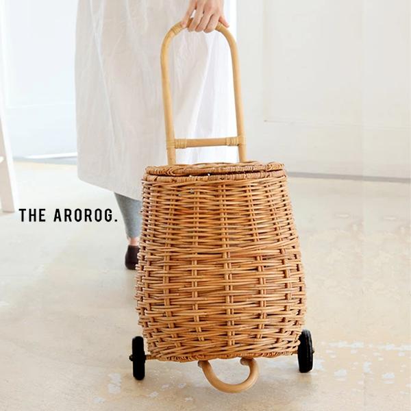 Creer ラタン 皮付き 籐 キャリーカート 天然素材 ショッピングカート