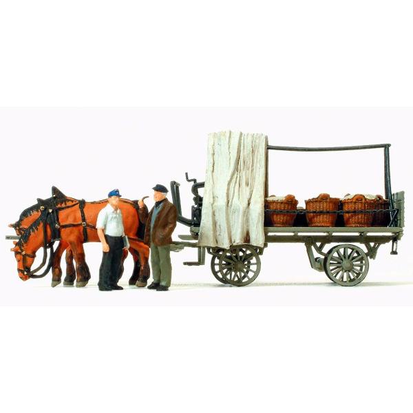 馬に牽かれる野菜かごを乗せた平台荷馬車 ：プライザー 塗装済完成品