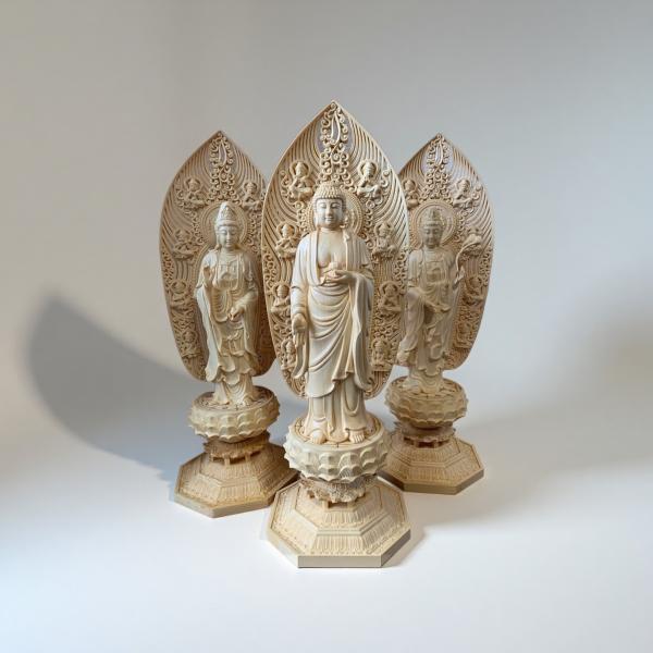 仏像 阿弥陀三尊像 【阿弥陀如来、観音菩薩、勢至菩薩】 檜木 (一体の