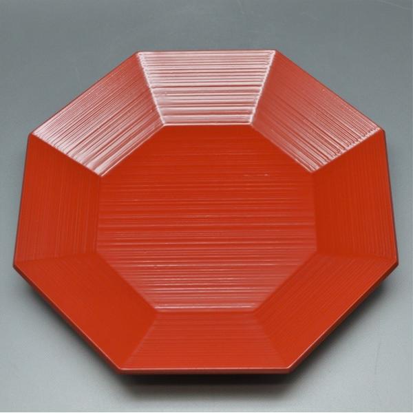 干菓子器 朱 八角 ヘギ目（木製）size:直径24.4cm×高さ3.6cm （化粧箱