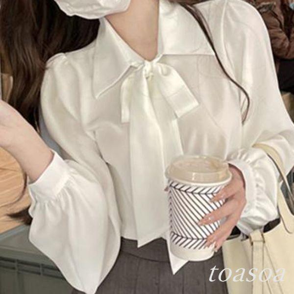 ブラウス リボン 付き 白 ボウタイ シャツ 襟 レディース 長袖