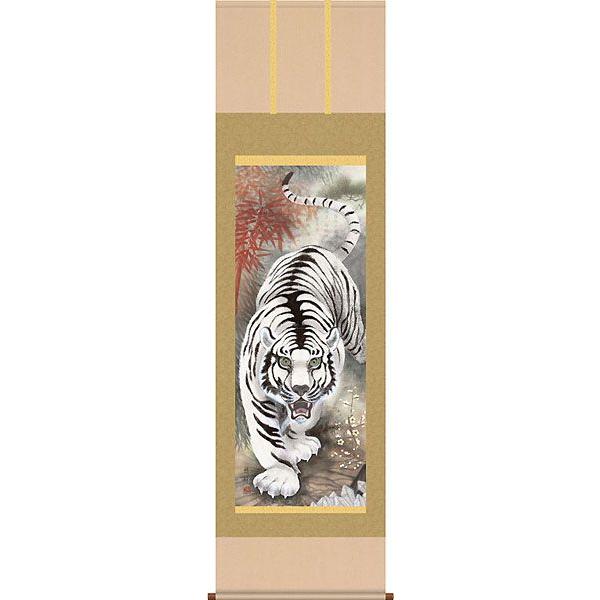 掛軸 (掛け軸) 消災白虎朱竹之図 加納悠峰 （尺五立・紙箱入り）約横