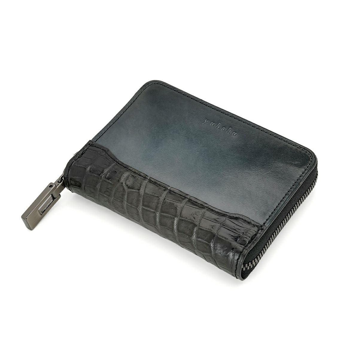 ユハク クロコダイルコンビ ラウンドファスナーマルチケース グレー