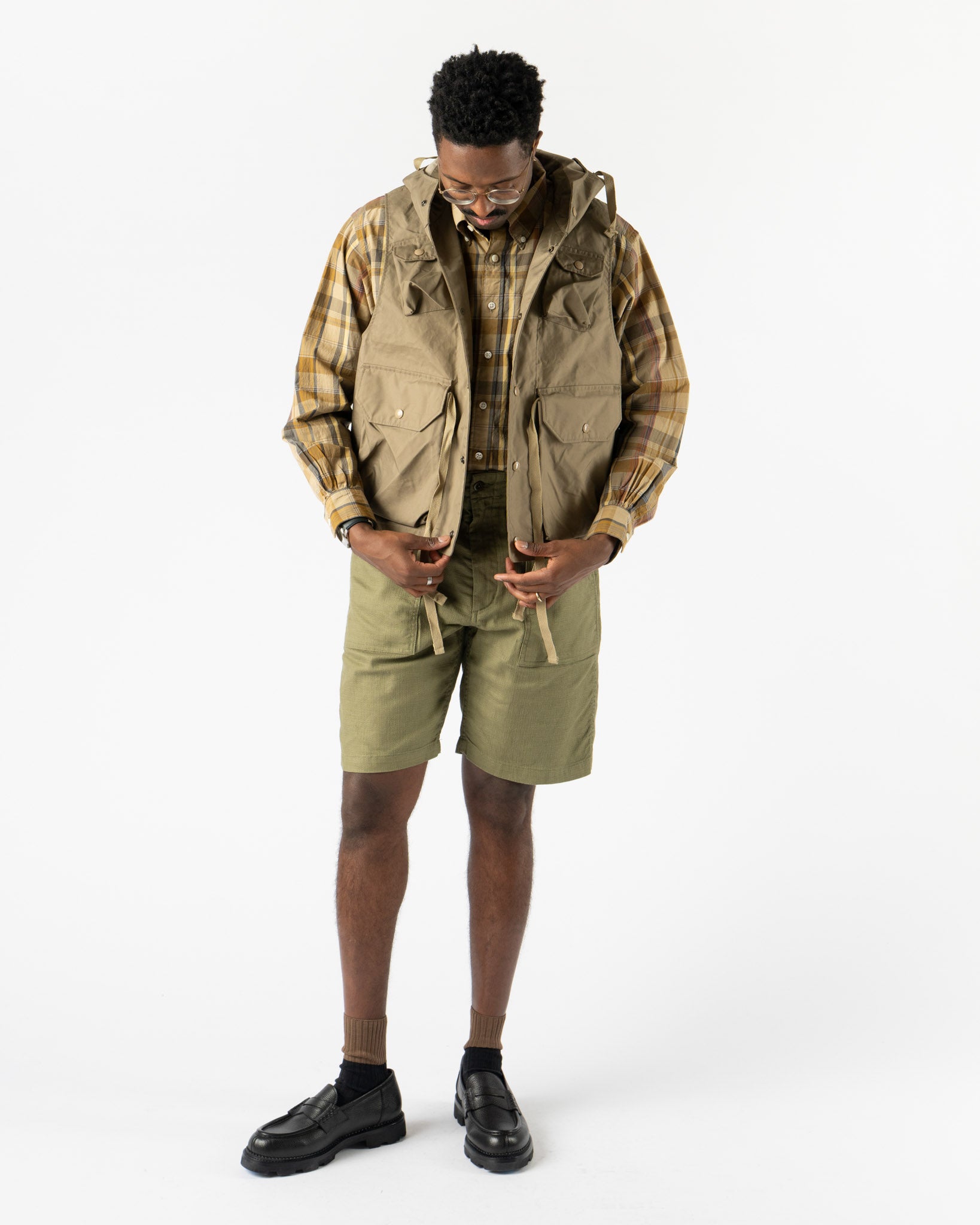 Engineered Garments Field Vest in Khaki 3 Layers Nyco Curated at