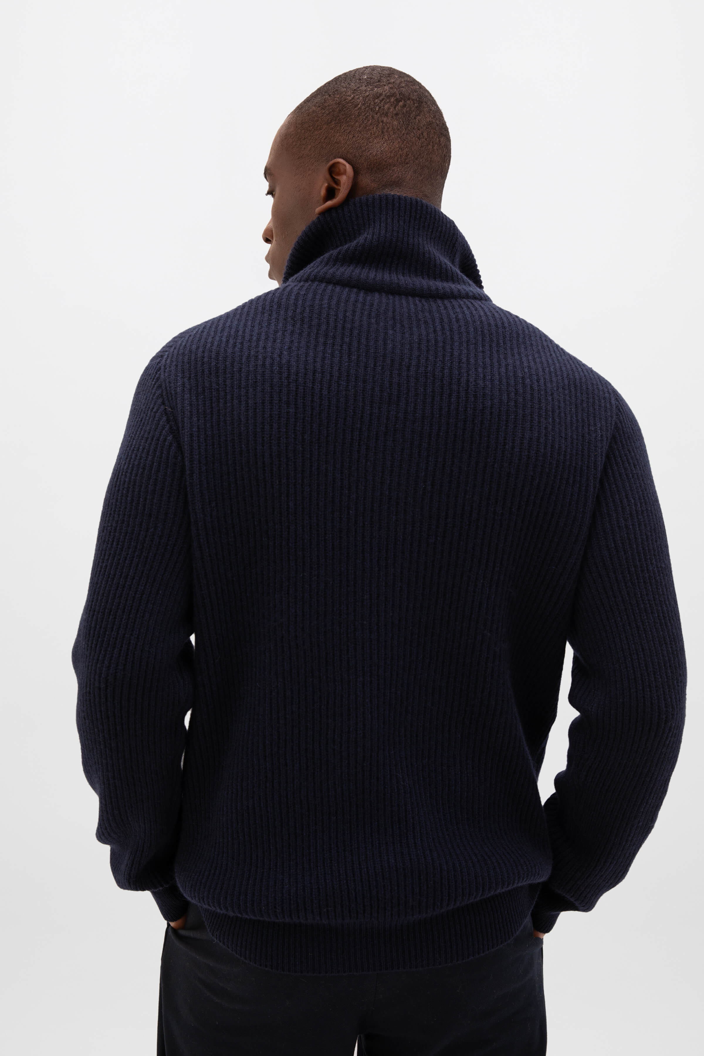 Dark Navy Ribbed Zip Turtle Neck Jumper | Men's Cashmere