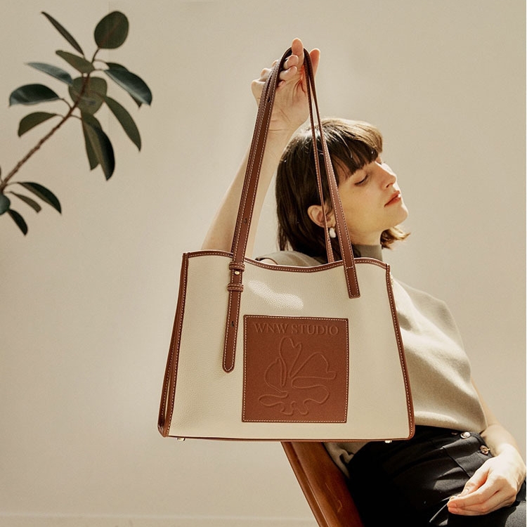 ブラウンXベージュ レザー ポケット付き トートバッグ ショルーダ