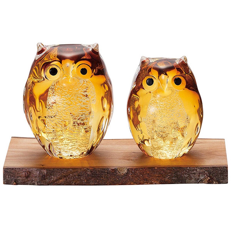 FS-71522 津軽びいどろ 親子ふくろうとりんごの木台 アデリア(石塚硝子