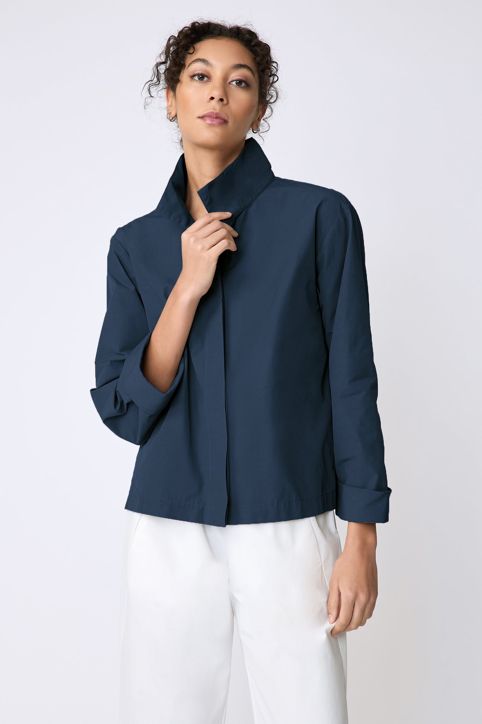 Peggy Shirt Jacket in Navy Italian Broadcloth with High Collar