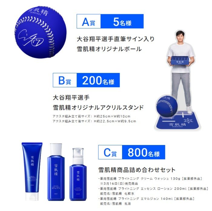大谷翔平選手直筆サイン入りオリジナルボールや雪肌精商品セットが