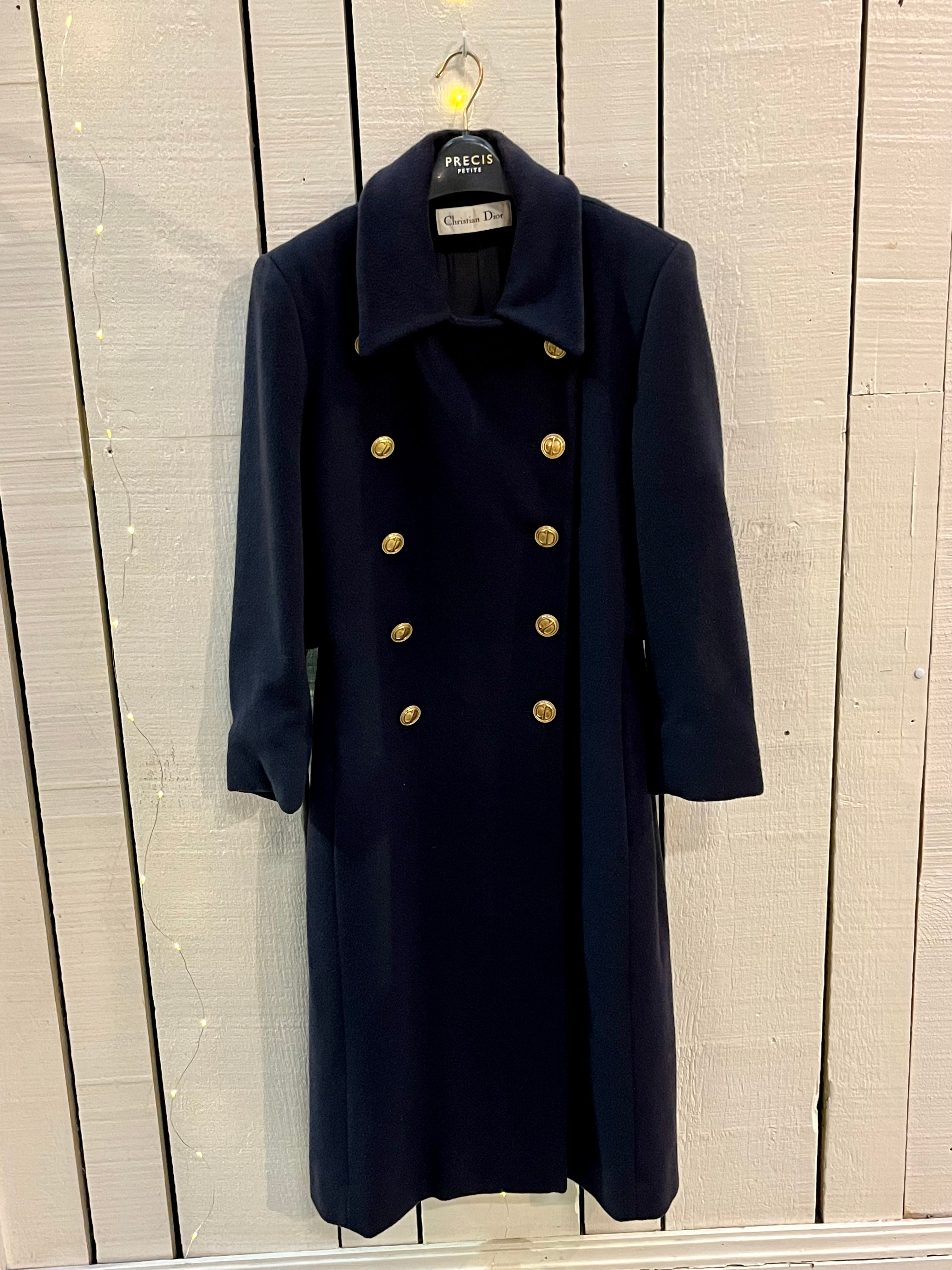 Vintage 70s/80s Christian Dior Double Breasted Navy Blue Wool Coat