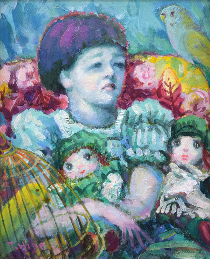 谷田穎郎「少女と人形」油絵・F3号 絵画買取・販売の小竹美術