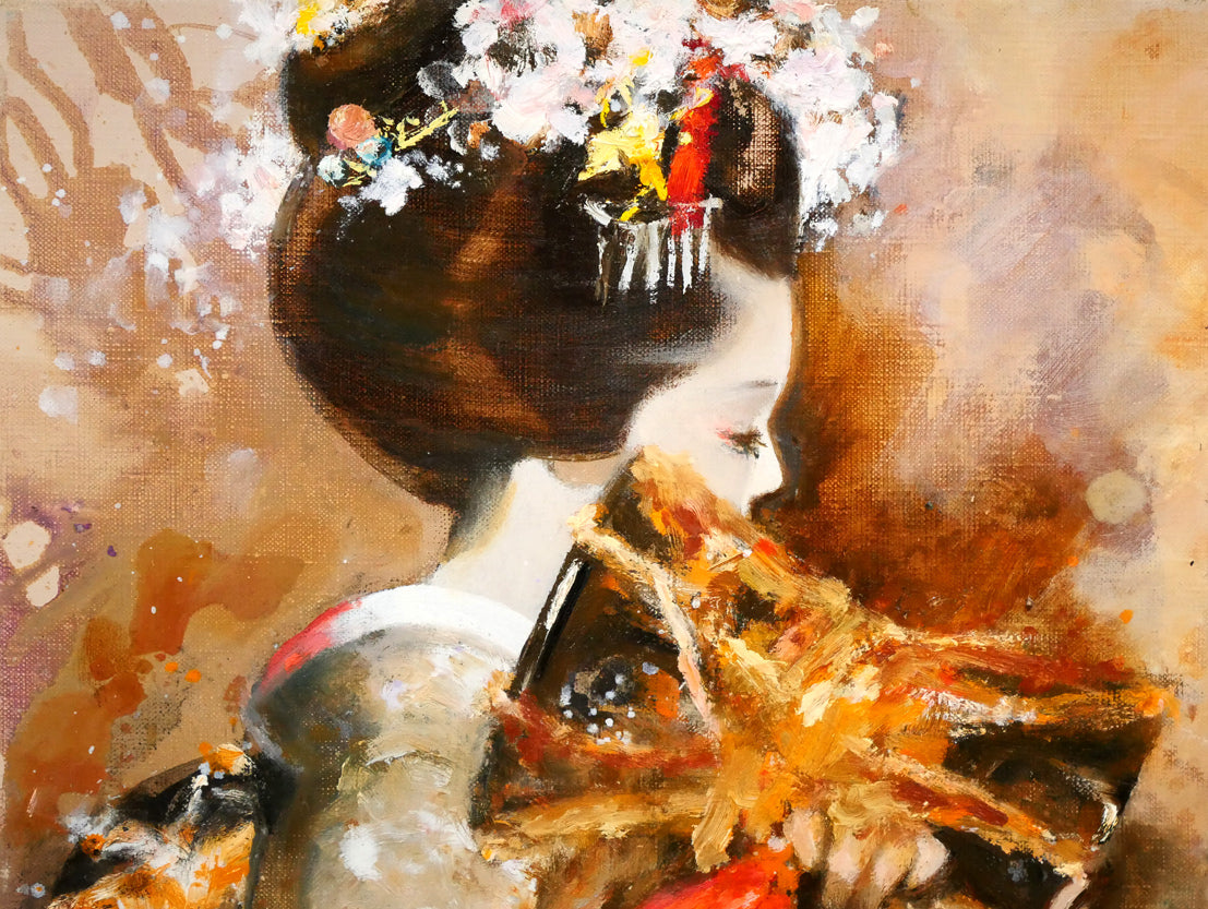 鶴岡義雄「鼓（舞妓）」油絵・F4号 絵画買取・販売の小竹美術
