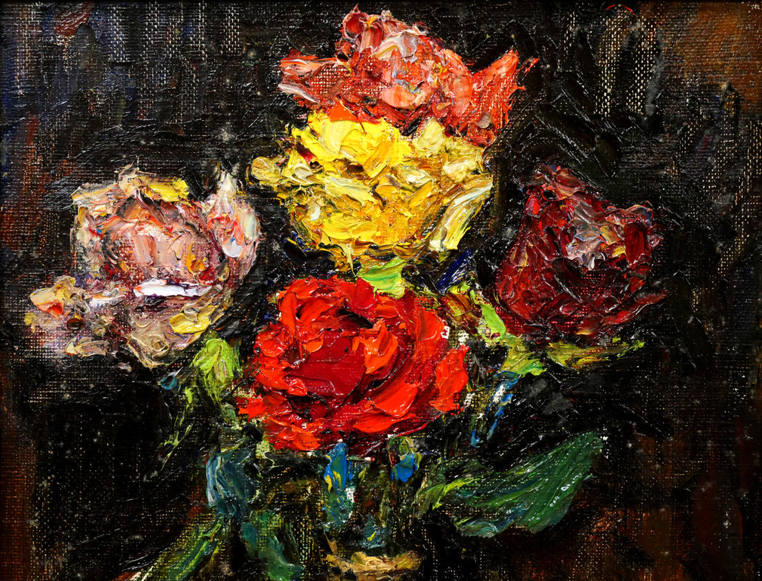 萩谷巌「静物（薔薇）」油絵・F4号 絵画買取・販売の小竹美術