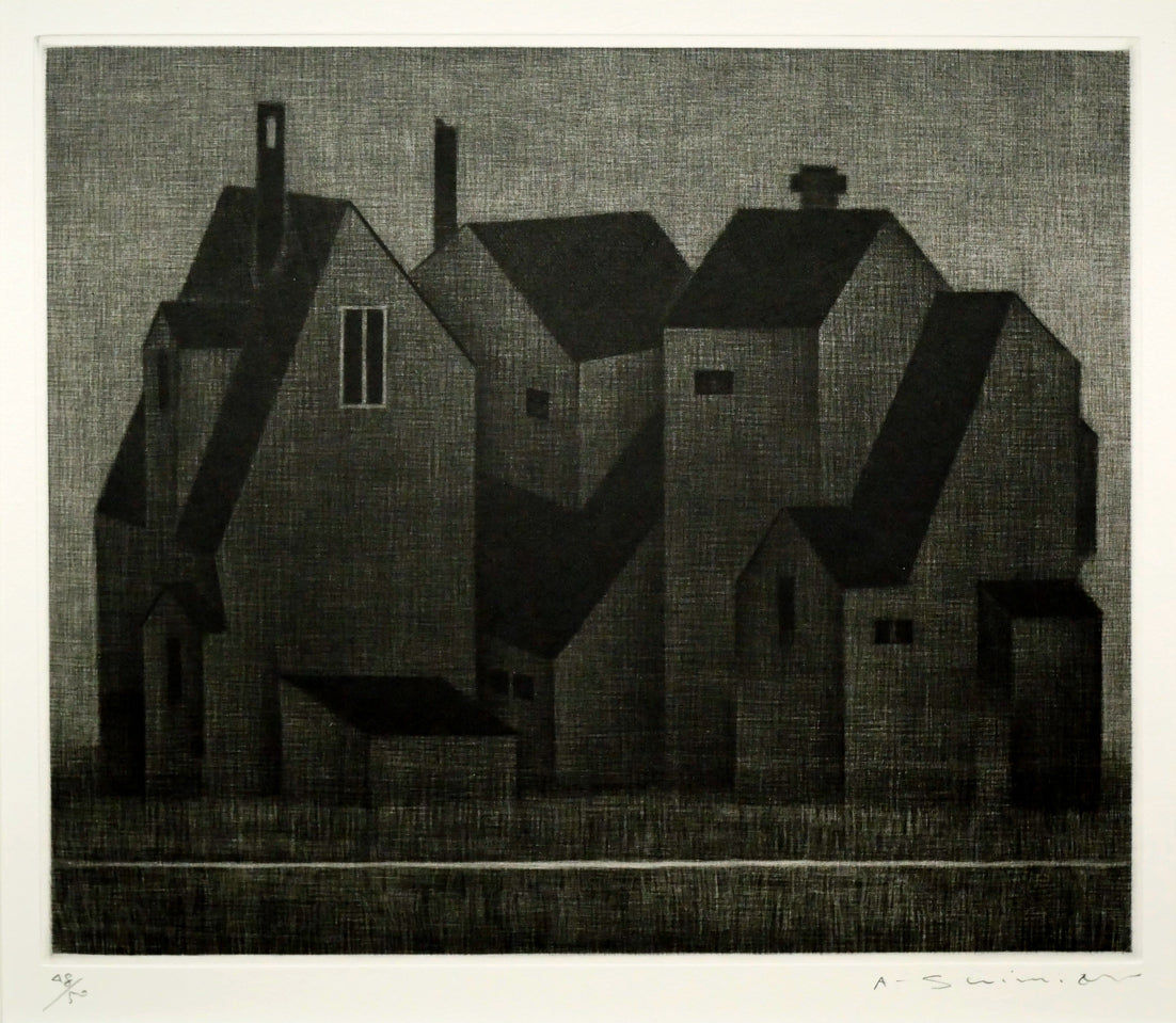 清水敦「黒い三軒の家」銅版画（メゾチント） 絵画買取・販売の小竹美術